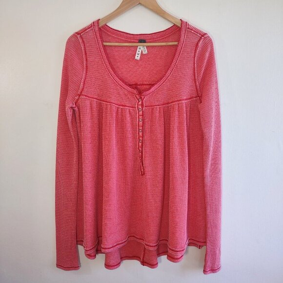 Free People Kai Relaxed Babydoll Top Thermal Henley Boho Indie Size Medium - Picture 3 of 10
